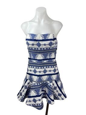 Line and Dot Blue White Aztec Tribal Strapless Sweetheart A Line Mini Dress Sz S